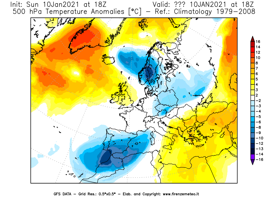 Mappa di analisi GFS - Anomalia Temperatura [°C] a 500 hPa in Europa
							del 10/01/2021 18 <!--googleoff: index-->UTC<!--googleon: index-->