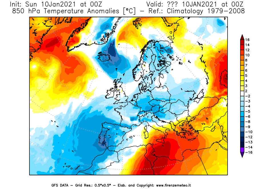 Mappa di analisi GFS - Anomalia Temperatura [°C] a 850 hPa in Europa
									del 10/01/2021 00 <!--googleoff: index-->UTC<!--googleon: index-->