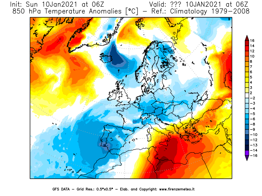 Mappa di analisi GFS - Anomalia Temperatura [°C] a 850 hPa in Europa
									del 10/01/2021 06 <!--googleoff: index-->UTC<!--googleon: index-->