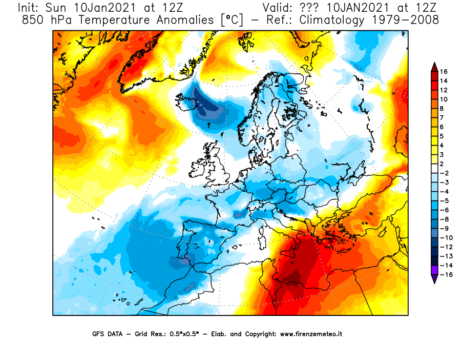 Mappa di analisi GFS - Anomalia Temperatura [°C] a 850 hPa in Europa
									del 10/01/2021 12 <!--googleoff: index-->UTC<!--googleon: index-->