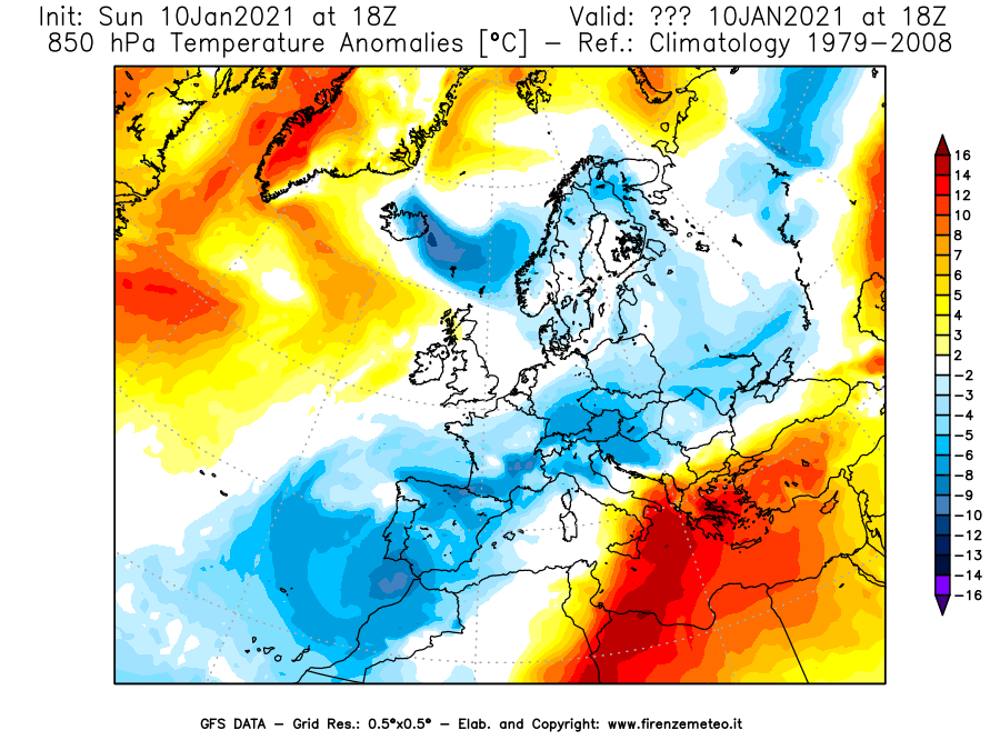 Mappa di analisi GFS - Anomalia Temperatura [°C] a 850 hPa in Europa
							del 10/01/2021 18 <!--googleoff: index-->UTC<!--googleon: index-->
