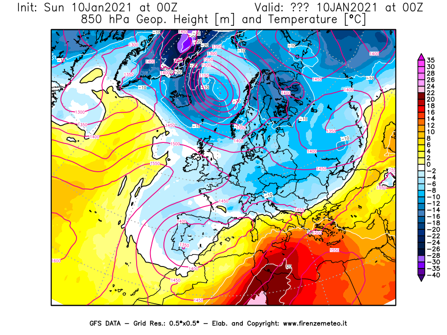 Mappa di analisi GFS - Geopotenziale [m] e Temperatura [°C] a 850 hPa in Europa
									del 10/01/2021 00 <!--googleoff: index-->UTC<!--googleon: index-->