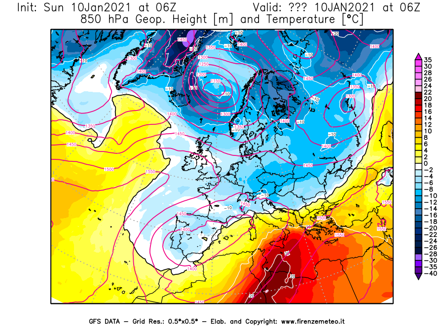 Mappa di analisi GFS - Geopotenziale [m] e Temperatura [°C] a 850 hPa in Europa
									del 10/01/2021 06 <!--googleoff: index-->UTC<!--googleon: index-->