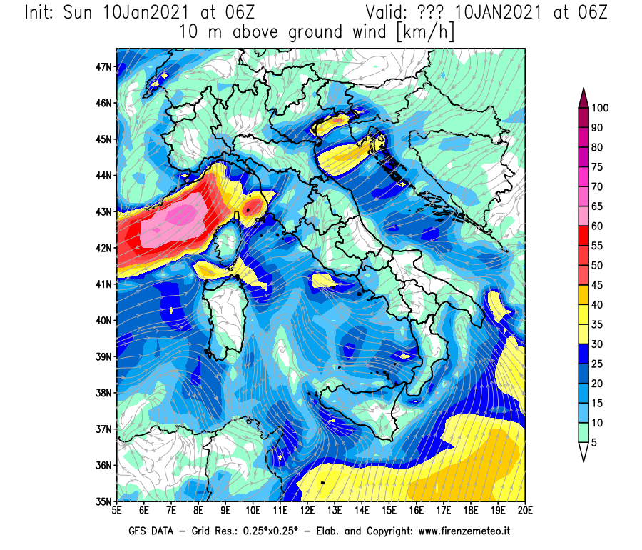 Mappa di analisi GFS - Velocità del vento a 10 metri dal suolo [km/h] in Italia
							del 10/01/2021 06 <!--googleoff: index-->UTC<!--googleon: index-->