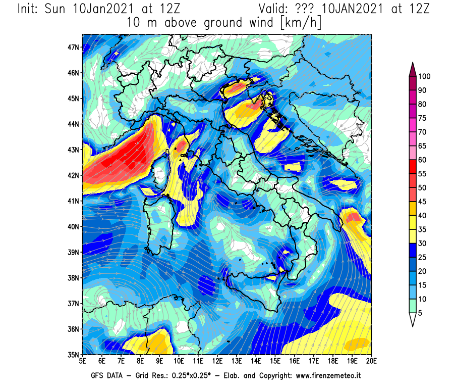 Mappa di analisi GFS - Velocità del vento a 10 metri dal suolo [km/h] in Italia
							del 10/01/2021 12 <!--googleoff: index-->UTC<!--googleon: index-->