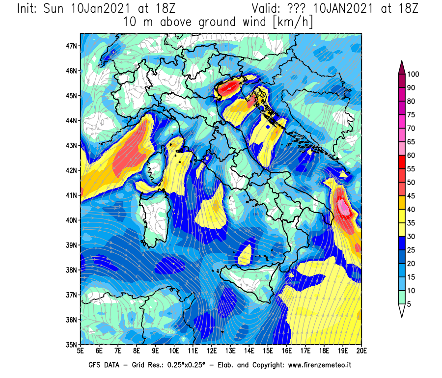 Mappa di analisi GFS - Velocità del vento a 10 metri dal suolo [km/h] in Italia
							del 10/01/2021 18 <!--googleoff: index-->UTC<!--googleon: index-->