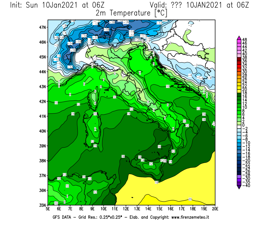 Mappa di analisi GFS - Temperatura a 2 metri dal suolo [°C] in Italia
							del 10/01/2021 06 <!--googleoff: index-->UTC<!--googleon: index-->