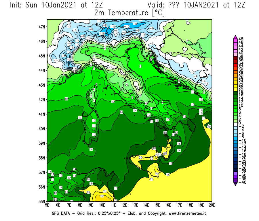 Mappa di analisi GFS - Temperatura a 2 metri dal suolo [°C] in Italia
							del 10/01/2021 12 <!--googleoff: index-->UTC<!--googleon: index-->