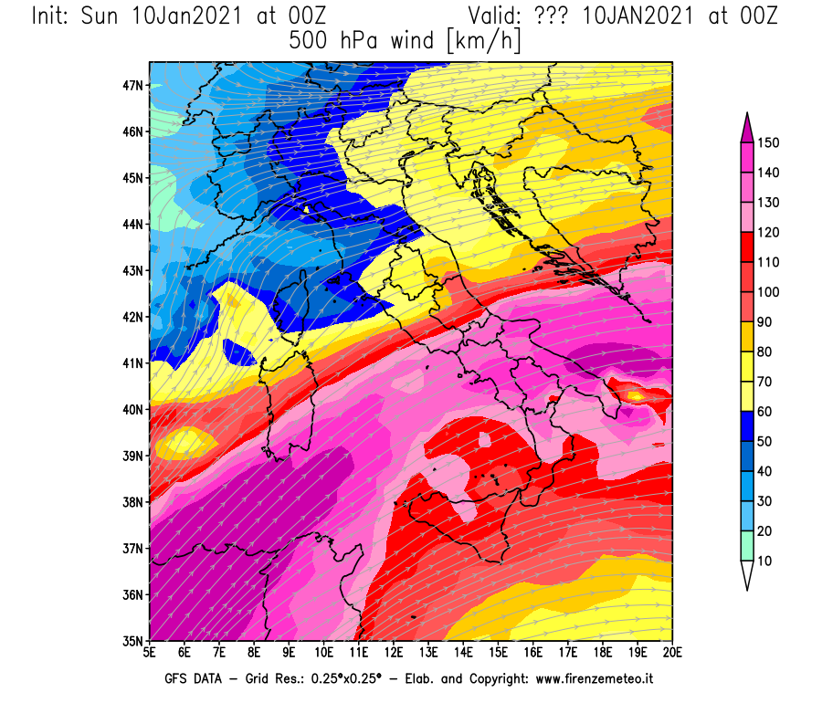 Mappa di analisi GFS - Velocità del vento a 500 hPa [km/h] in Italia
									del 10/01/2021 00 <!--googleoff: index-->UTC<!--googleon: index-->