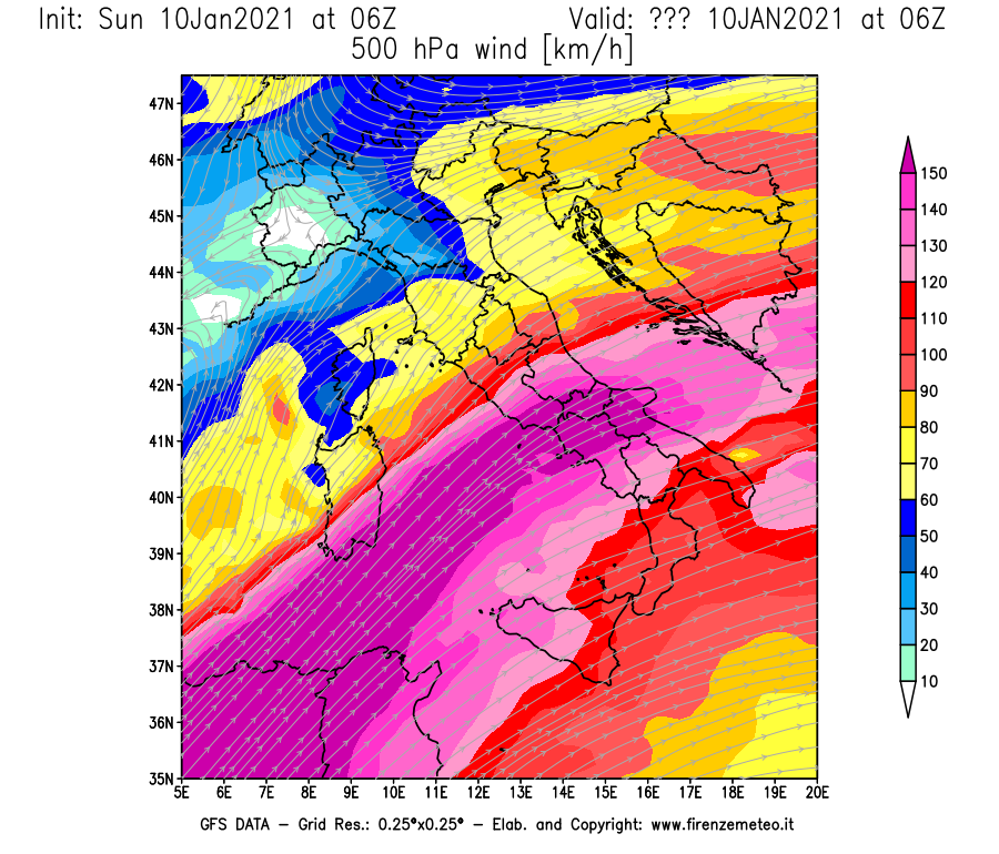 Mappa di analisi GFS - Velocità del vento a 500 hPa [km/h] in Italia
							del 10/01/2021 06 <!--googleoff: index-->UTC<!--googleon: index-->