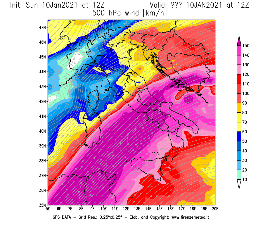 Mappa di analisi GFS - Velocità del vento a 500 hPa [km/h] in Italia
							del 10/01/2021 12 <!--googleoff: index-->UTC<!--googleon: index-->