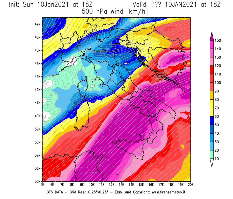 Mappa di analisi GFS - Velocità del vento a 500 hPa [km/h] in Italia
									del 10/01/2021 18 <!--googleoff: index-->UTC<!--googleon: index-->