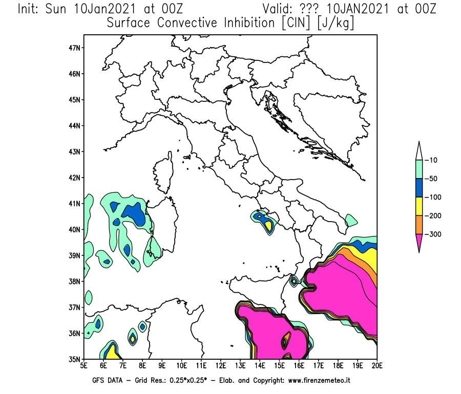 Mappa di analisi GFS - CIN [J/kg] in Italia
							del 10/01/2021 00 <!--googleoff: index-->UTC<!--googleon: index-->