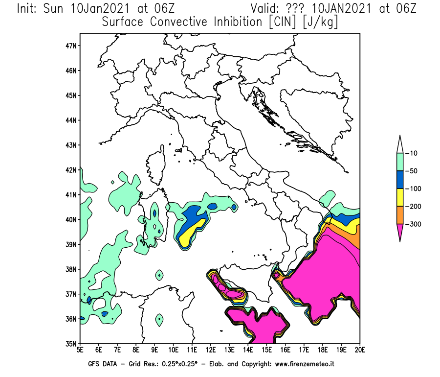 Mappa di analisi GFS - CIN [J/kg] in Italia
									del 10/01/2021 06 <!--googleoff: index-->UTC<!--googleon: index-->