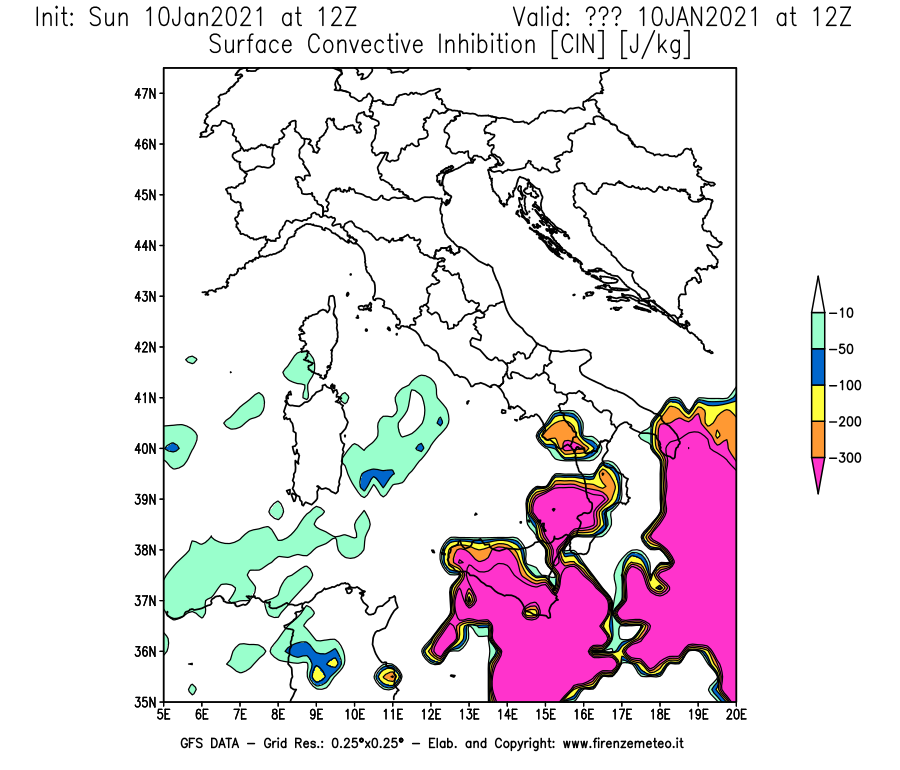 Mappa di analisi GFS - CIN [J/kg] in Italia
							del 10/01/2021 12 <!--googleoff: index-->UTC<!--googleon: index-->