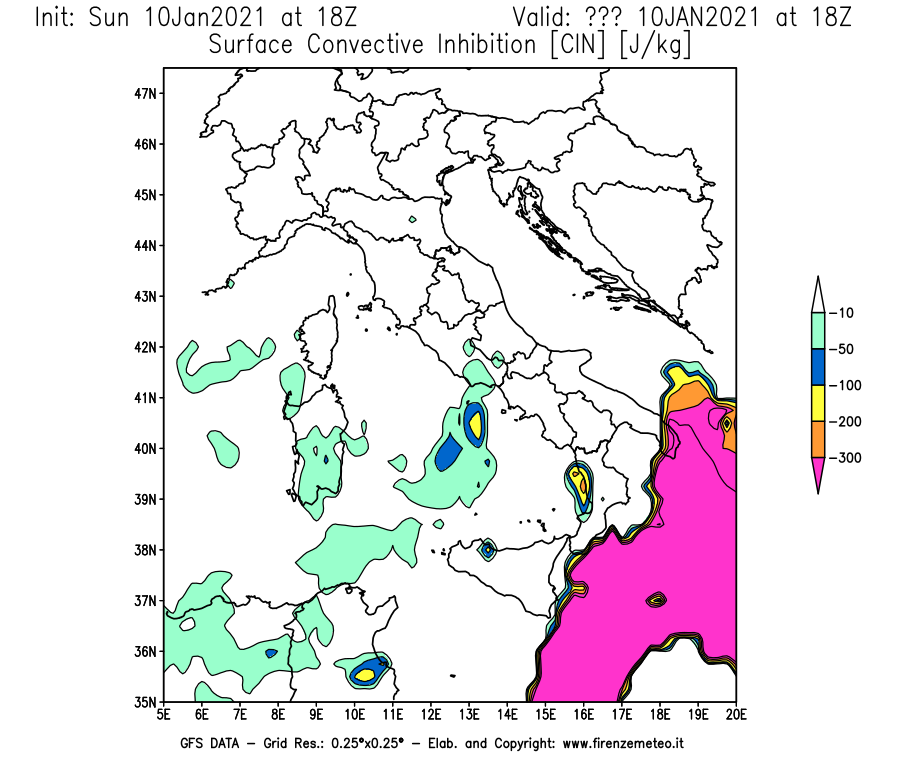 Mappa di analisi GFS - CIN [J/kg] in Italia
							del 10/01/2021 18 <!--googleoff: index-->UTC<!--googleon: index-->