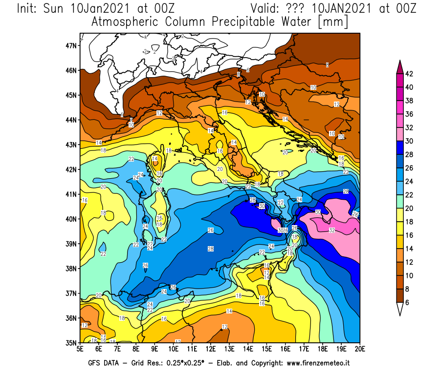 Mappa di analisi GFS - Precipitable Water [mm] in Italia
									del 10/01/2021 00 <!--googleoff: index-->UTC<!--googleon: index-->