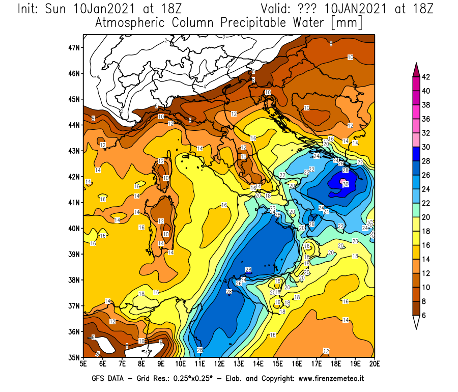 Mappa di analisi GFS - Precipitable Water [mm] in Italia
									del 10/01/2021 18 <!--googleoff: index-->UTC<!--googleon: index-->