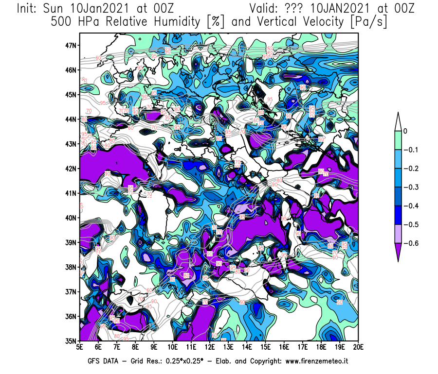 Mappa di analisi GFS - Umidità relativa [%] e Omega [Pa/s] a 500 hPa in Italia
							del 10/01/2021 00 <!--googleoff: index-->UTC<!--googleon: index-->