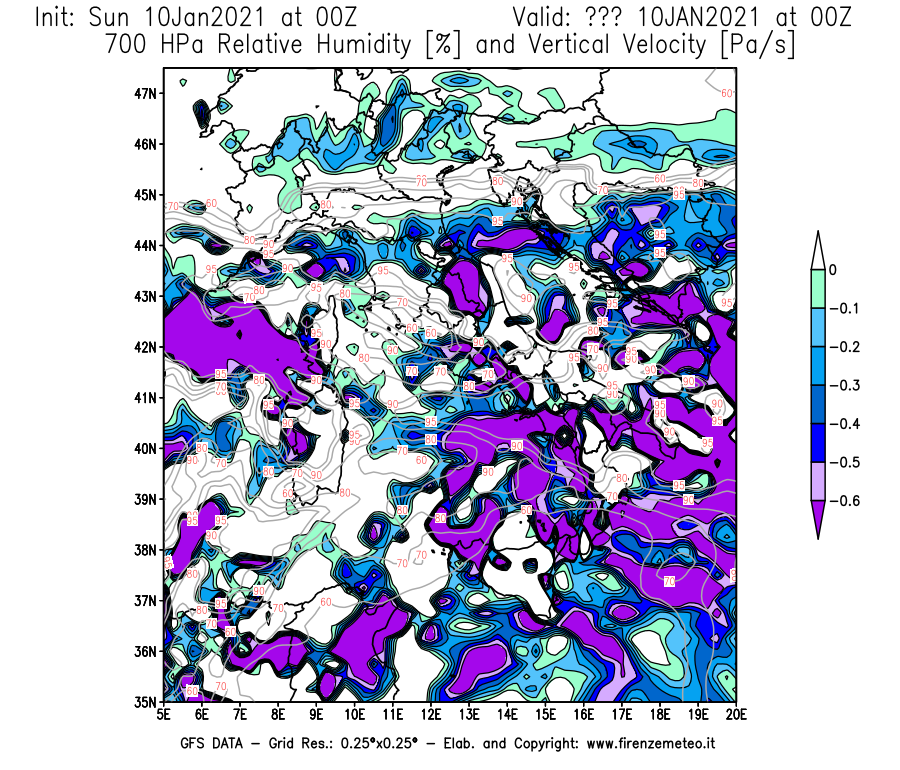 Mappa di analisi GFS - Umidità relativa [%] e Omega [Pa/s] a 700 hPa in Italia
							del 10/01/2021 00 <!--googleoff: index-->UTC<!--googleon: index-->