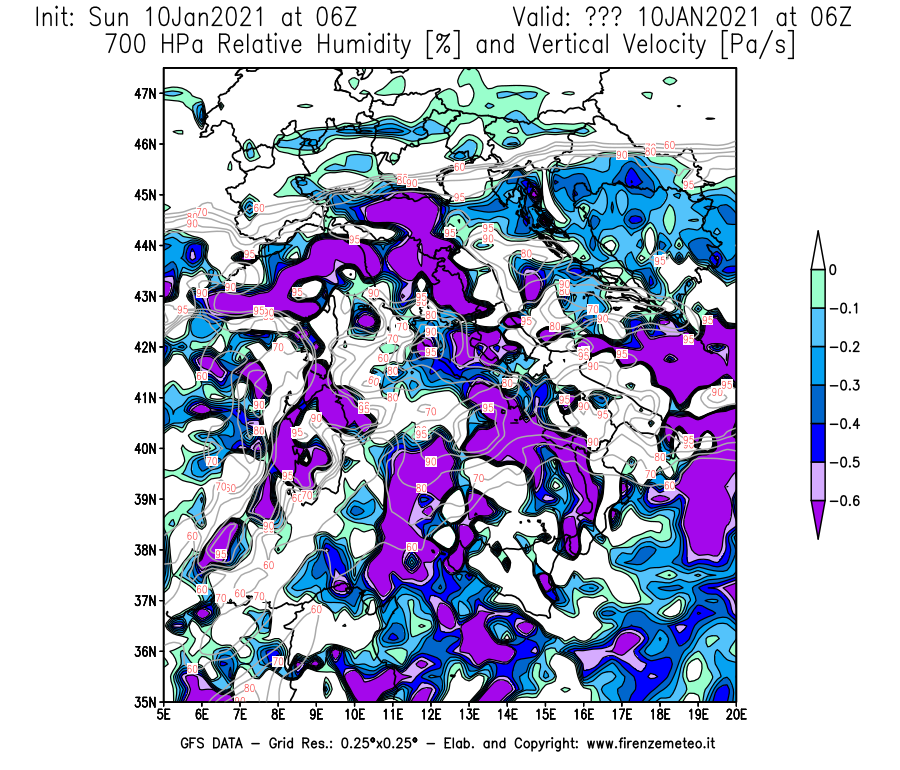 Mappa di analisi GFS - Umidità relativa [%] e Omega [Pa/s] a 700 hPa in Italia
							del 10/01/2021 06 <!--googleoff: index-->UTC<!--googleon: index-->