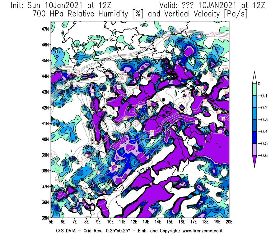 Mappa di analisi GFS - Umidità relativa [%] e Omega [Pa/s] a 700 hPa in Italia
									del 10/01/2021 12 <!--googleoff: index-->UTC<!--googleon: index-->