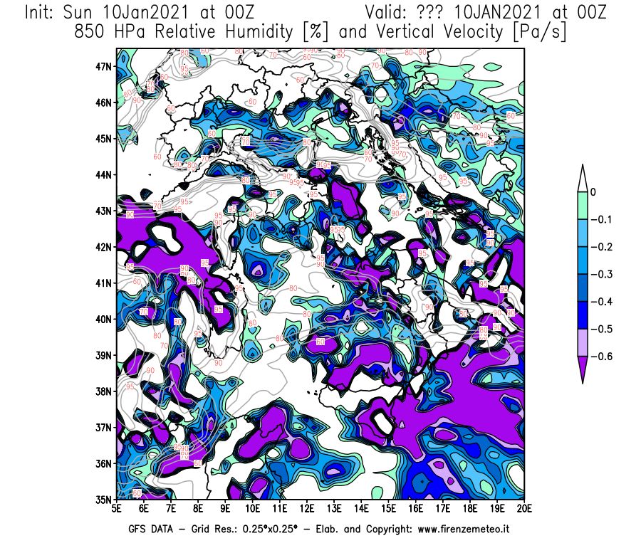 Mappa di analisi GFS - Umidità relativa [%] e Omega [Pa/s] a 850 hPa in Italia
							del 10/01/2021 00 <!--googleoff: index-->UTC<!--googleon: index-->