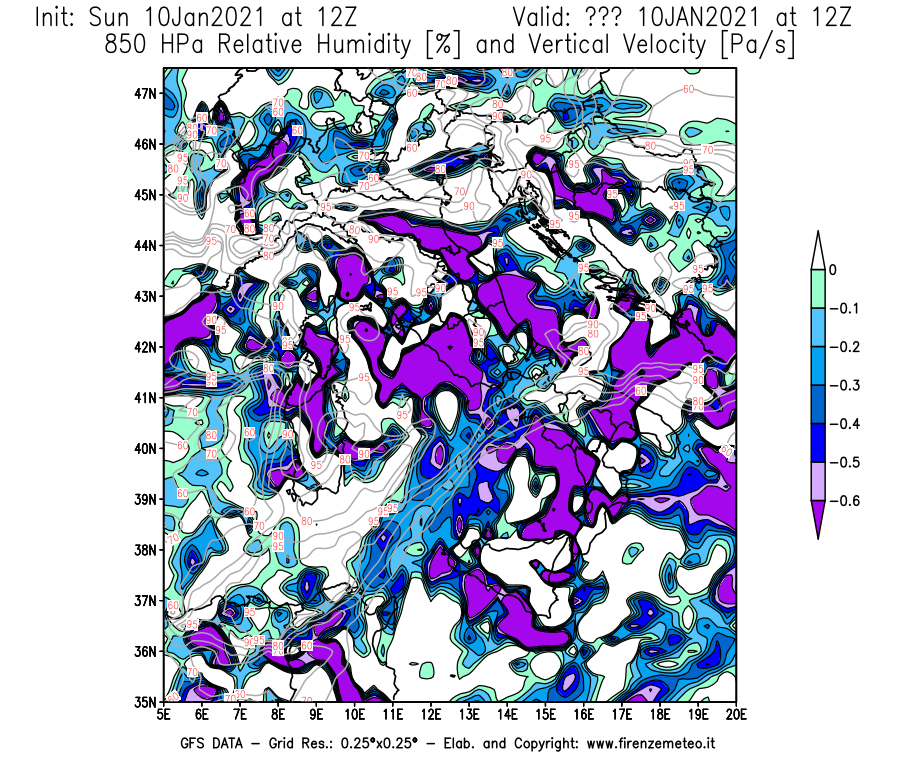 Mappa di analisi GFS - Umidità relativa [%] e Omega [Pa/s] a 850 hPa in Italia
							del 10/01/2021 12 <!--googleoff: index-->UTC<!--googleon: index-->