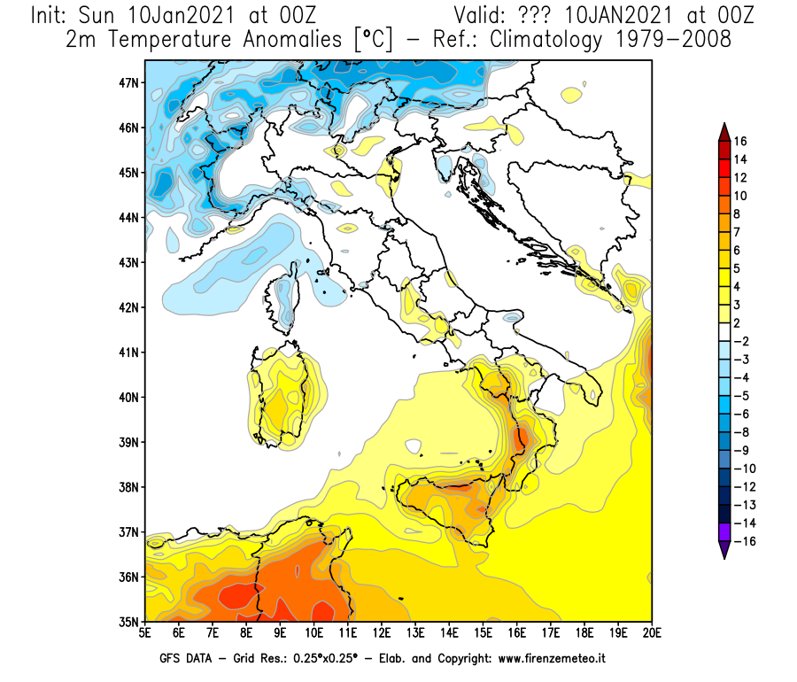Mappa di analisi GFS - Anomalia Temperatura [°C] a 2 m in Italia
									del 10/01/2021 00 <!--googleoff: index-->UTC<!--googleon: index-->