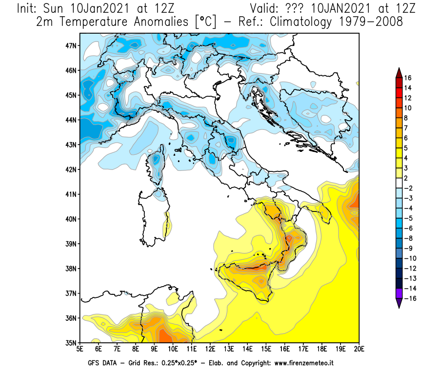 Mappa di analisi GFS - Anomalia Temperatura [°C] a 2 m in Italia
							del 10/01/2021 12 <!--googleoff: index-->UTC<!--googleon: index-->
