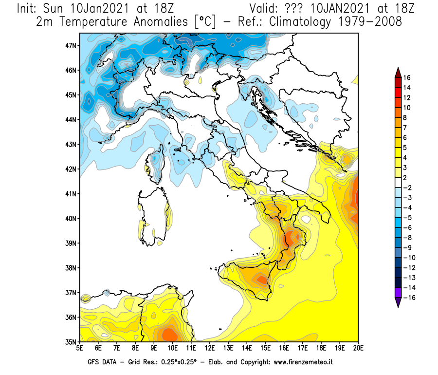 Mappa di analisi GFS - Anomalia Temperatura [°C] a 2 m in Italia
							del 10/01/2021 18 <!--googleoff: index-->UTC<!--googleon: index-->