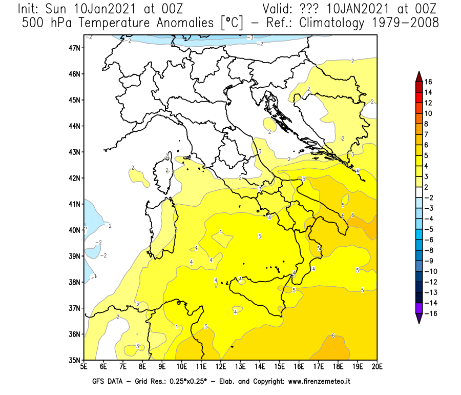 Mappa di analisi GFS - Anomalia Temperatura [°C] a 500 hPa in Italia
							del 10/01/2021 00 <!--googleoff: index-->UTC<!--googleon: index-->