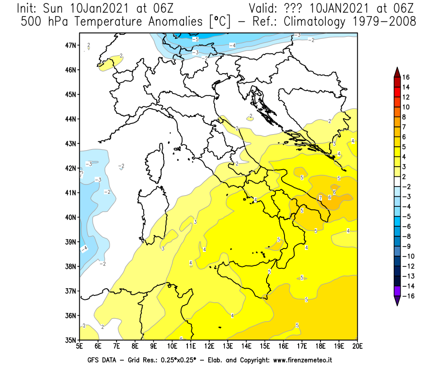 Mappa di analisi GFS - Anomalia Temperatura [°C] a 500 hPa in Italia
							del 10/01/2021 06 <!--googleoff: index-->UTC<!--googleon: index-->