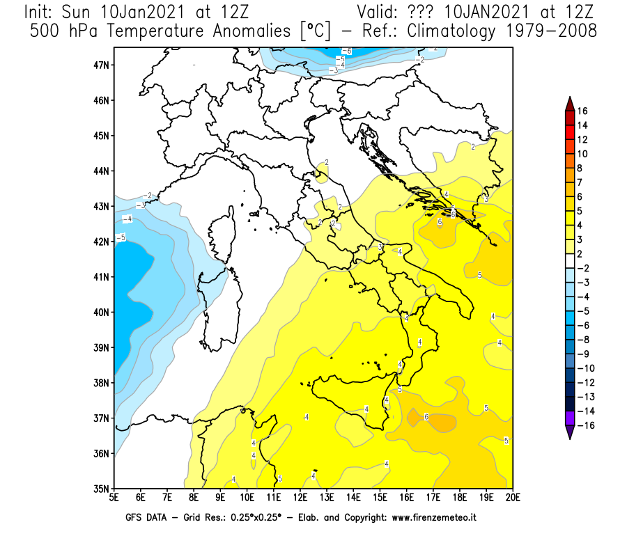 Mappa di analisi GFS - Anomalia Temperatura [°C] a 500 hPa in Italia
							del 10/01/2021 12 <!--googleoff: index-->UTC<!--googleon: index-->
