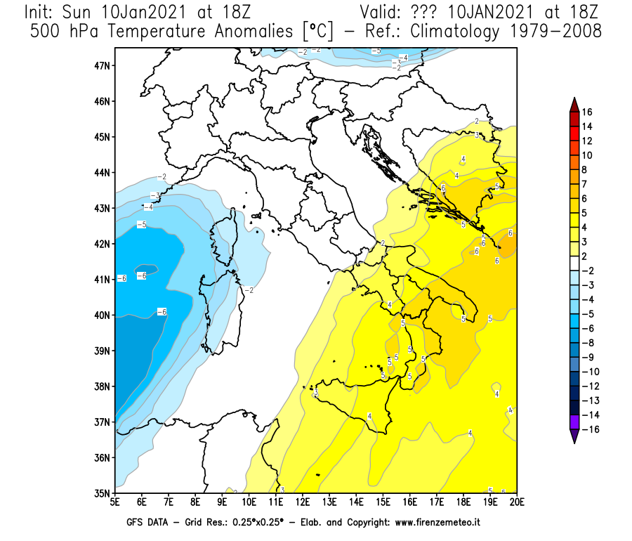 Mappa di analisi GFS - Anomalia Temperatura [°C] a 500 hPa in Italia
									del 10/01/2021 18 <!--googleoff: index-->UTC<!--googleon: index-->