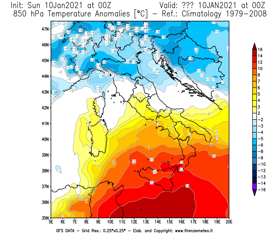Mappa di analisi GFS - Anomalia Temperatura [°C] a 850 hPa in Italia
							del 10/01/2021 00 <!--googleoff: index-->UTC<!--googleon: index-->