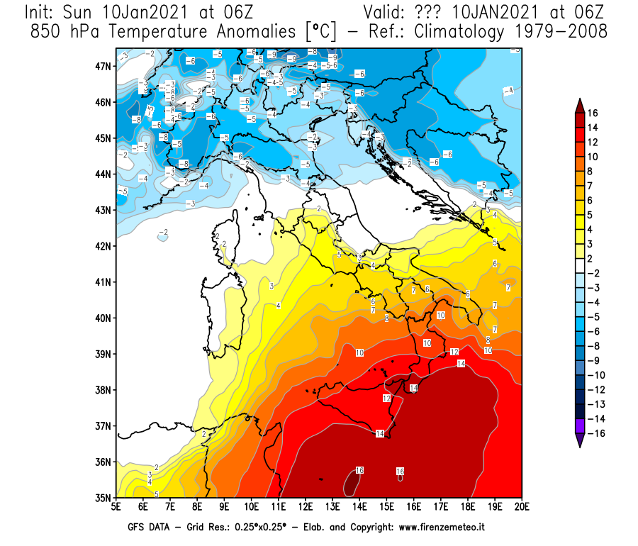 Mappa di analisi GFS - Anomalia Temperatura [°C] a 850 hPa in Italia
									del 10/01/2021 06 <!--googleoff: index-->UTC<!--googleon: index-->