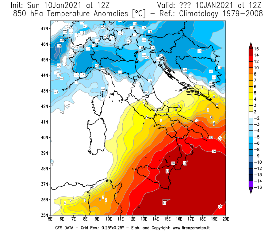 Mappa di analisi GFS - Anomalia Temperatura [°C] a 850 hPa in Italia
									del 10/01/2021 12 <!--googleoff: index-->UTC<!--googleon: index-->