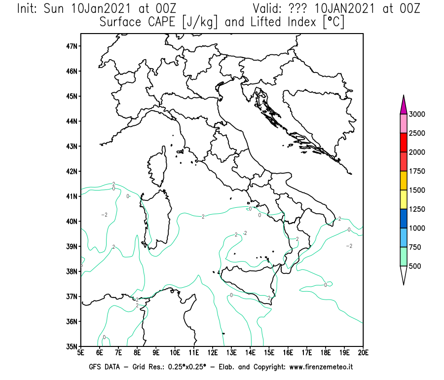 Mappa di analisi GFS - CAPE [J/kg] e Lifted Index [°C] in Italia
									del 10/01/2021 00 <!--googleoff: index-->UTC<!--googleon: index-->