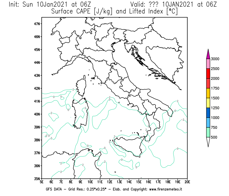 Mappa di analisi GFS - CAPE [J/kg] e Lifted Index [°C] in Italia
							del 10/01/2021 06 <!--googleoff: index-->UTC<!--googleon: index-->