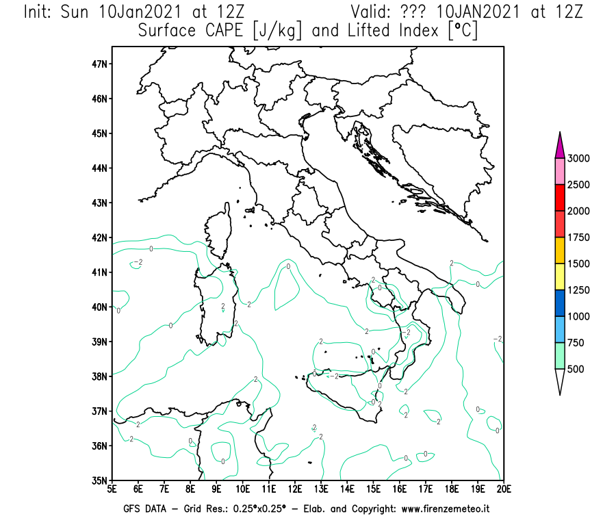 Mappa di analisi GFS - CAPE [J/kg] e Lifted Index [°C] in Italia
									del 10/01/2021 12 <!--googleoff: index-->UTC<!--googleon: index-->