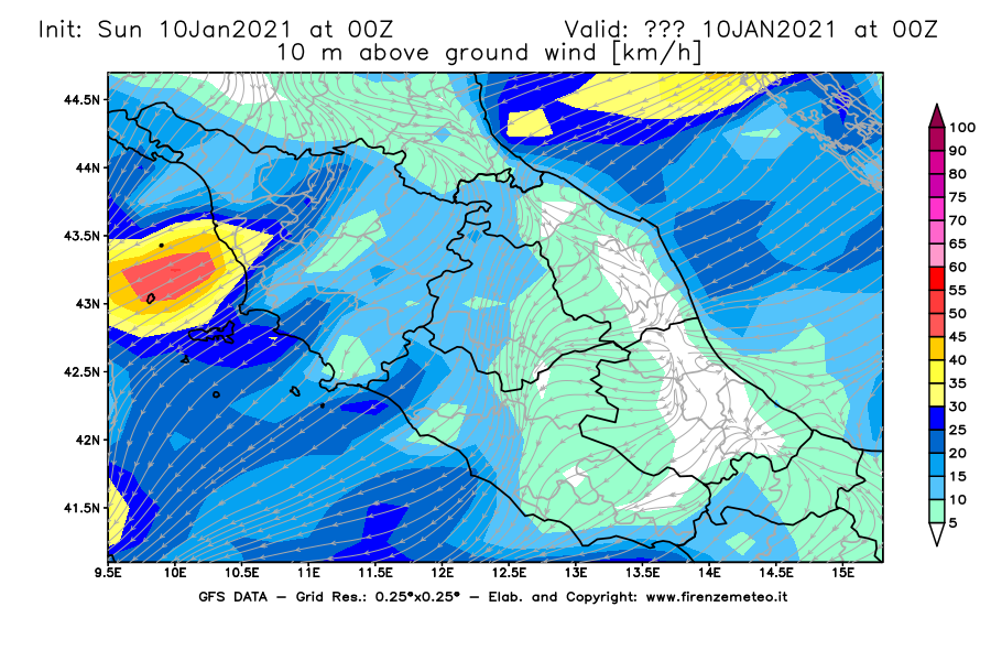 Mappa di analisi GFS - Velocità del vento a 10 metri dal suolo [km/h] in Centro-Italia
									del 10/01/2021 00 <!--googleoff: index-->UTC<!--googleon: index-->