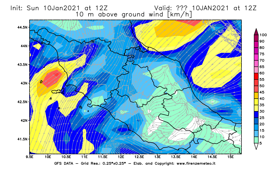 Mappa di analisi GFS - Velocità del vento a 10 metri dal suolo [km/h] in Centro-Italia
							del 10/01/2021 12 <!--googleoff: index-->UTC<!--googleon: index-->