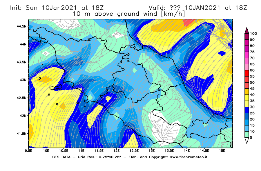 Mappa di analisi GFS - Velocità del vento a 10 metri dal suolo [km/h] in Centro-Italia
							del 10/01/2021 18 <!--googleoff: index-->UTC<!--googleon: index-->