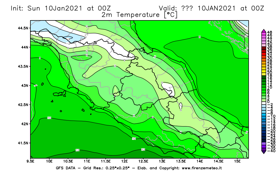 Mappa di analisi GFS - Temperatura a 2 metri dal suolo [°C] in Centro-Italia
									del 10/01/2021 00 <!--googleoff: index-->UTC<!--googleon: index-->