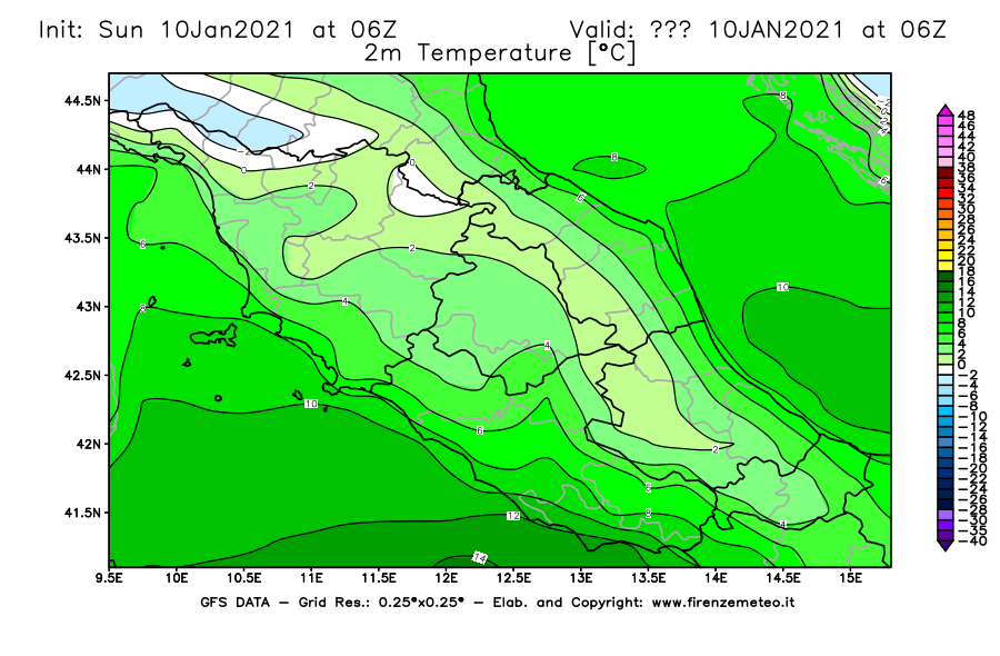 Mappa di analisi GFS - Temperatura a 2 metri dal suolo [°C] in Centro-Italia
									del 10/01/2021 06 <!--googleoff: index-->UTC<!--googleon: index-->
