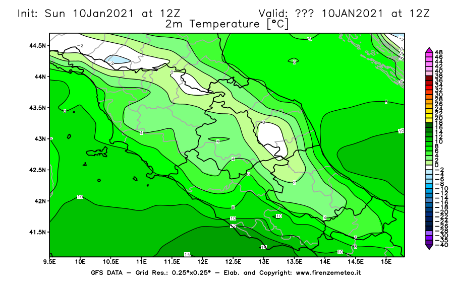 Mappa di analisi GFS - Temperatura a 2 metri dal suolo [°C] in Centro-Italia
							del 10/01/2021 12 <!--googleoff: index-->UTC<!--googleon: index-->