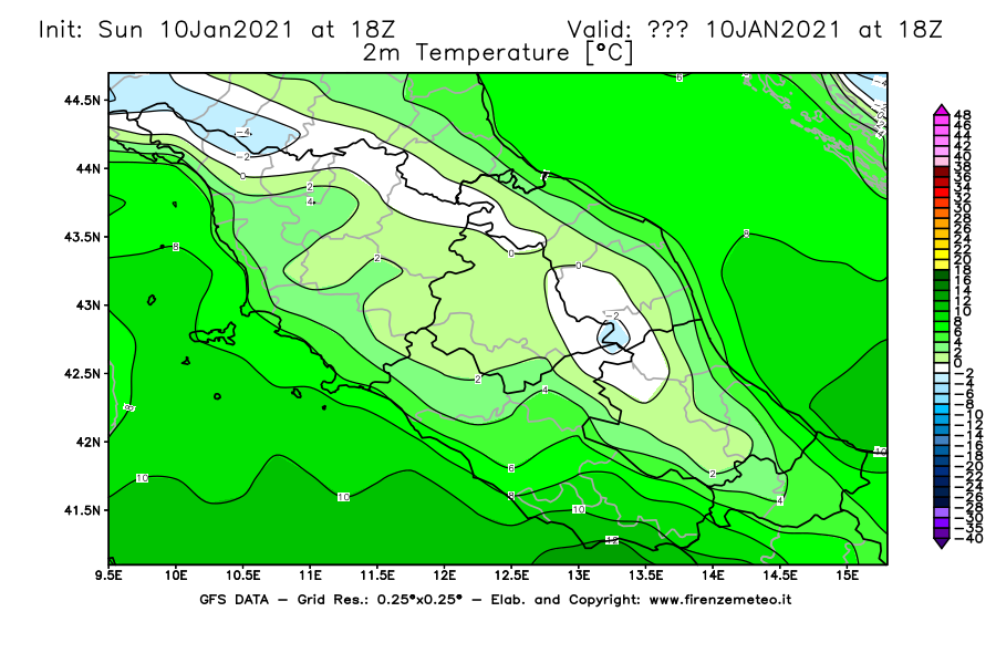 Mappa di analisi GFS - Temperatura a 2 metri dal suolo [°C] in Centro-Italia
									del 10/01/2021 18 <!--googleoff: index-->UTC<!--googleon: index-->