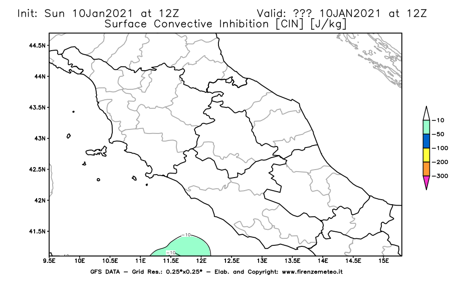 Mappa di analisi GFS - CIN [J/kg] in Centro-Italia
									del 10/01/2021 12 <!--googleoff: index-->UTC<!--googleon: index-->