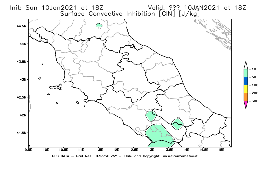 Mappa di analisi GFS - CIN [J/kg] in Centro-Italia
									del 10/01/2021 18 <!--googleoff: index-->UTC<!--googleon: index-->